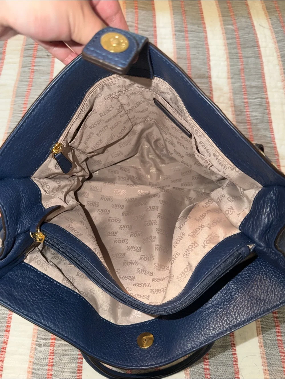 Michael Kors Navy Leather Tote with Gold Chain Trim